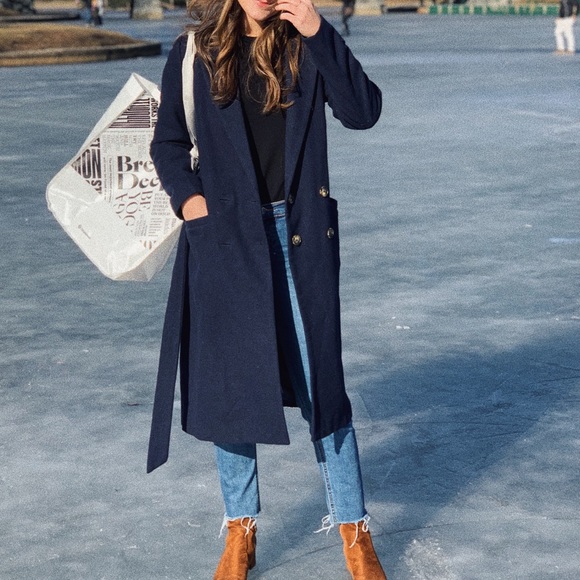 Ganni Hawthorne Navy Wool Blend Coat 
